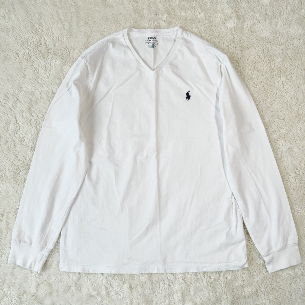 POLO Ralph Lauren Men White Cotton Jersey Long Sleeve Shirt MEDIUM Classic Basic